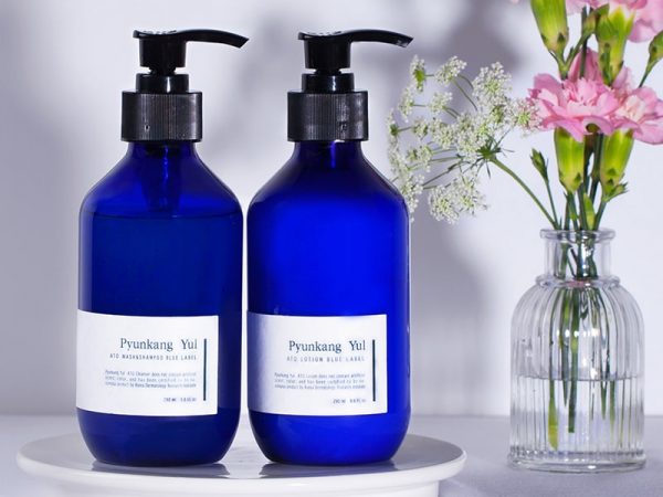 Zwei blaue Flaschen Shampoo stehen nebeneinander