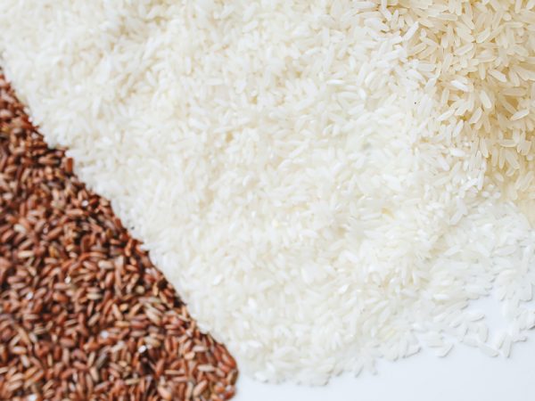 Drei verschiedene Arten von Reiskörnern liegen nebeneinander verteilt auf einem weißen Untergrund