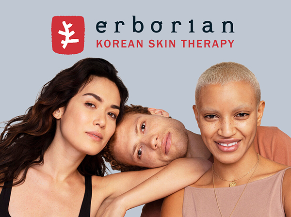 Drei Menschen, die in die Kamera sehen. Über ihnen der Titel: Erborian Korean Skin Therapy